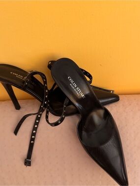 Colin Stuart Black Pointed Leather Stiletto Heels with Studded Ankle Strap